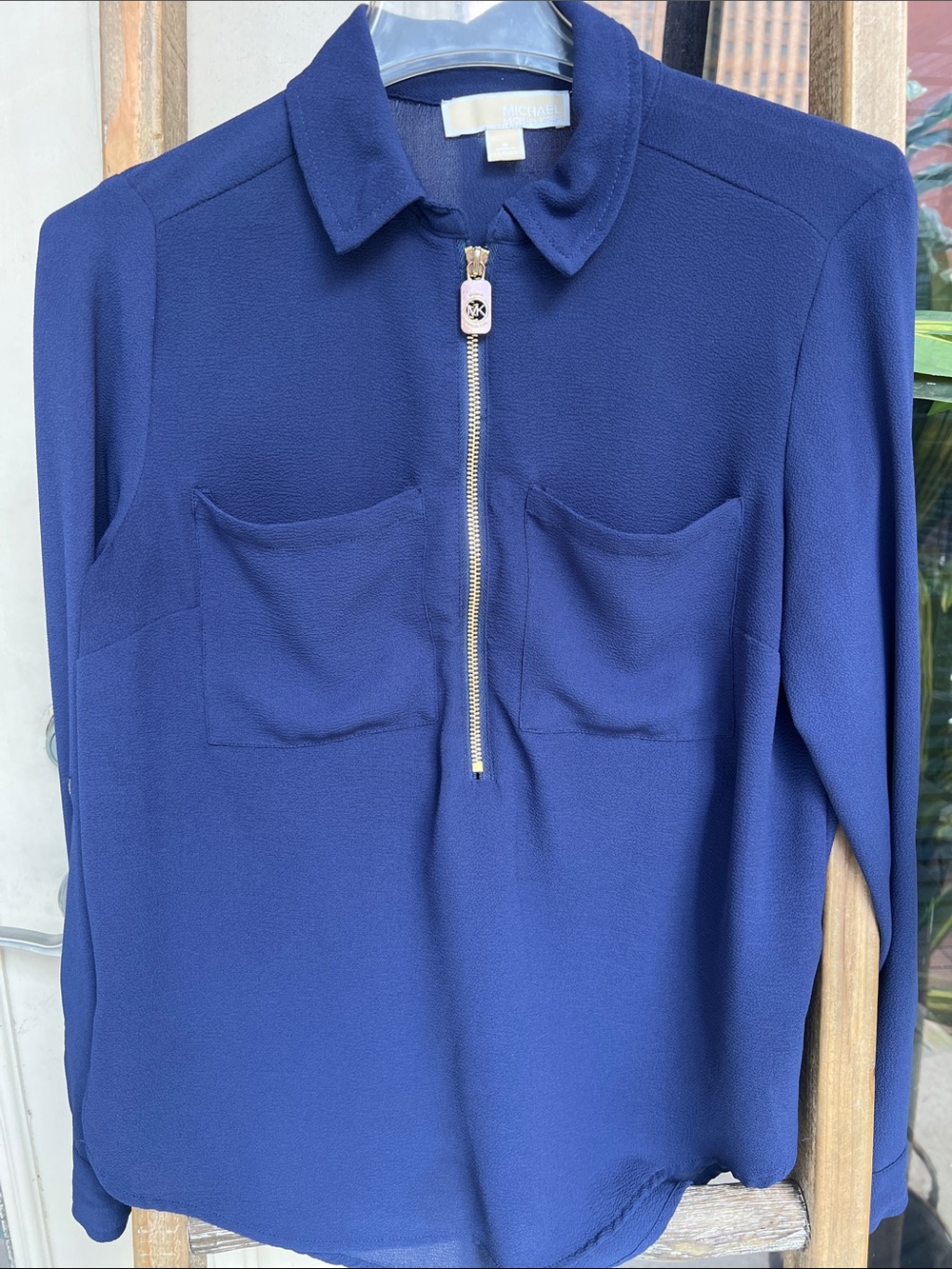 Michael Kors Royal Blue Long-Sleeve Zip Polo Blouse